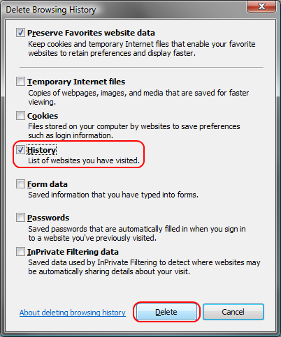 Internet Explorer 8: History -> Delete