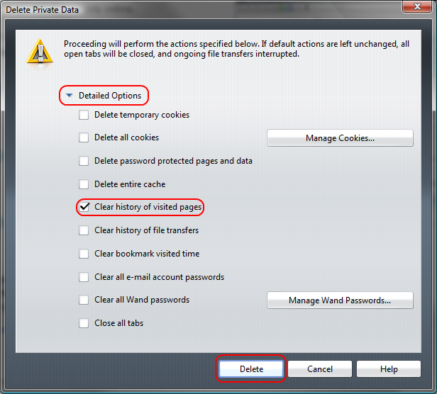 Opera 9: Detailed Options -> Clear history of visited pages -> Delete