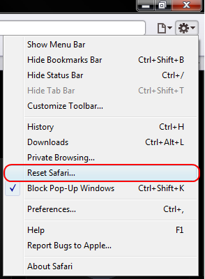 Safari 4: Gear -> Reset Safari