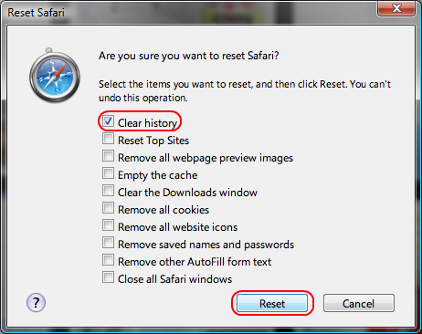 Safari 4: Clear history -> Reset